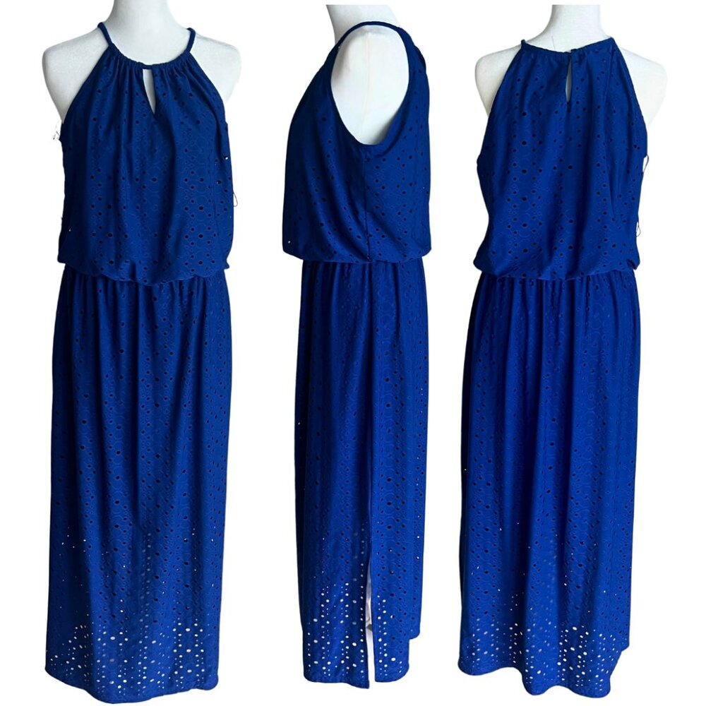 London Times Royal Blue Eyelet Maxi Dress 12P Keyhole Back Lined